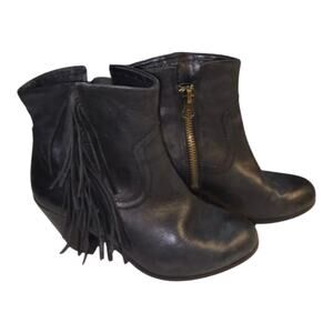 Sam Edelman Women's Black Leather Fringe Western Ankle Boots Size 7